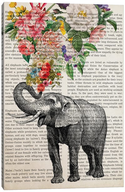 Elephant With Flowers Prints Canvas Art Print - Animal Typography