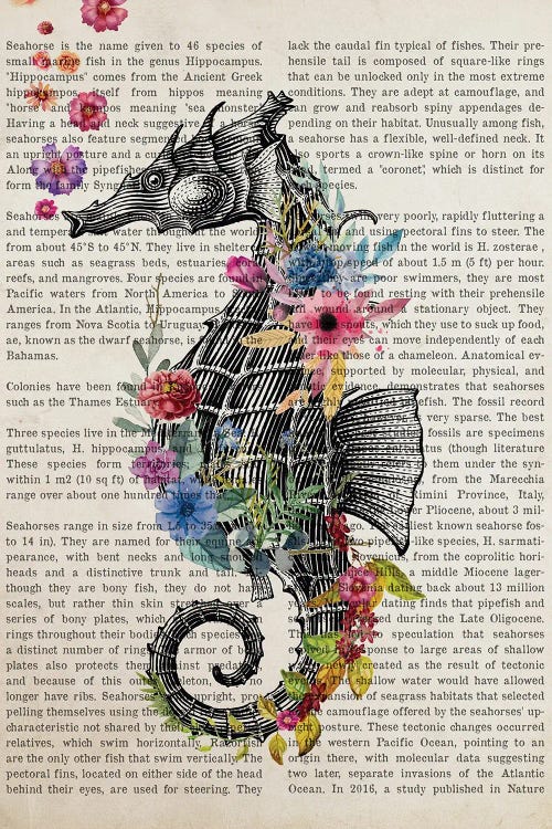 Sea Horse With Flowers Print by Aged Pixel wall art