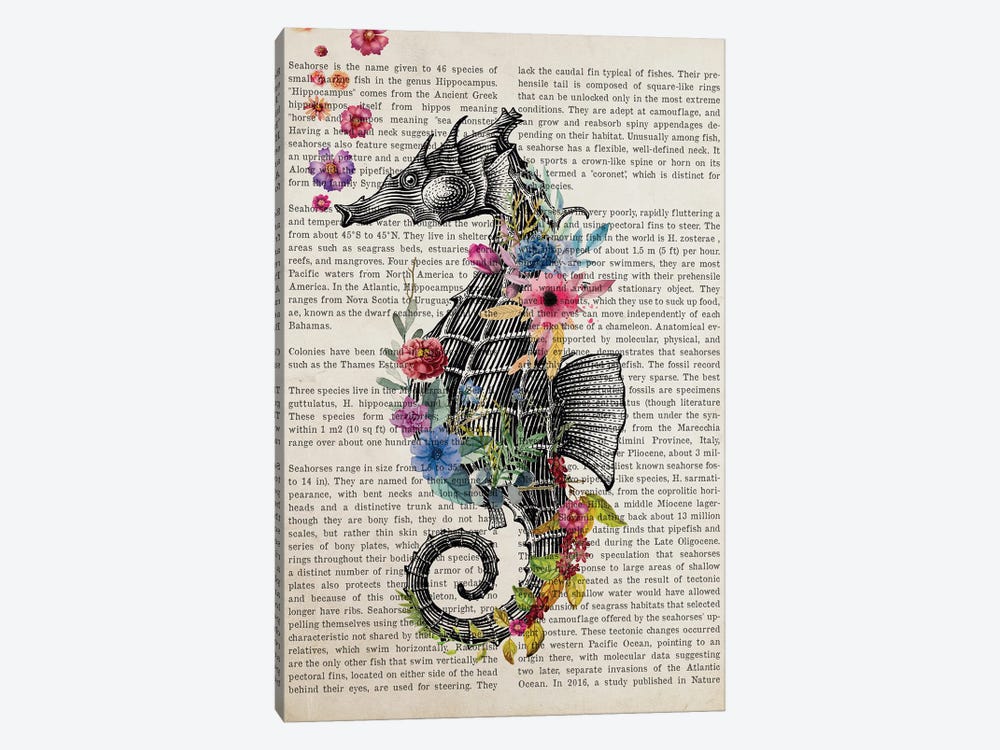 Sea Horse With Flowers Print by Aged Pixel 1-piece Canvas Wall Art