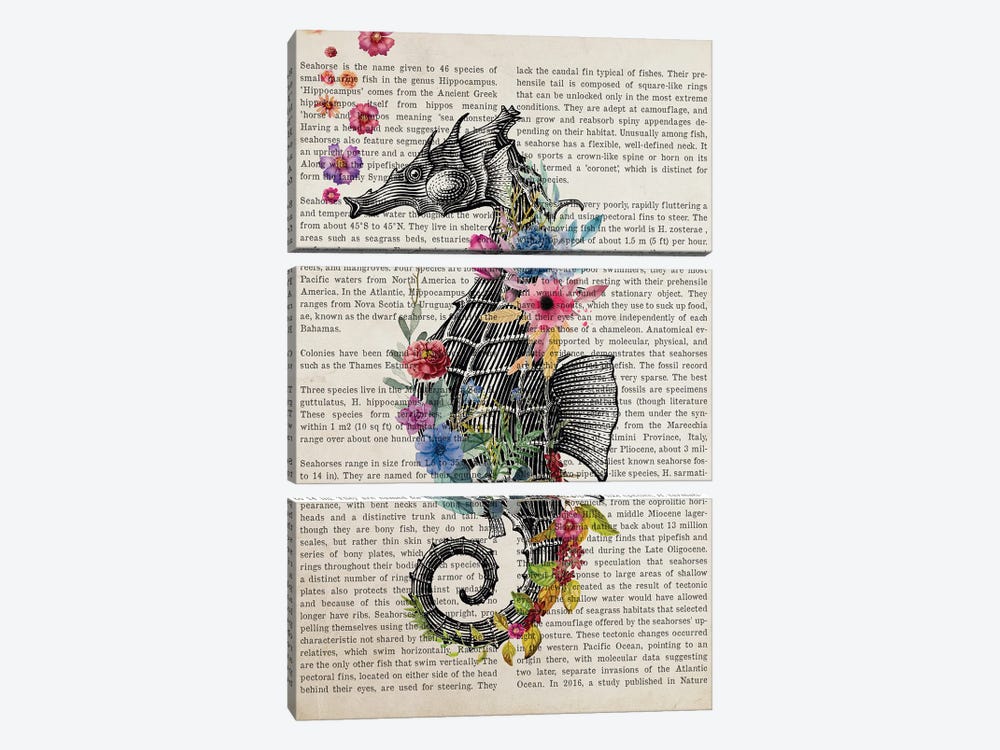 Sea Horse With Flowers Print by Aged Pixel 3-piece Canvas Wall Art