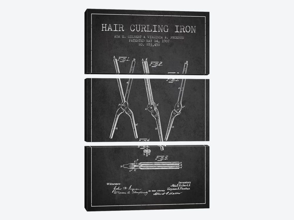 Hair Curling Iron Charcoal Patent Blueprint by Aged Pixel 3-piece Canvas Artwork