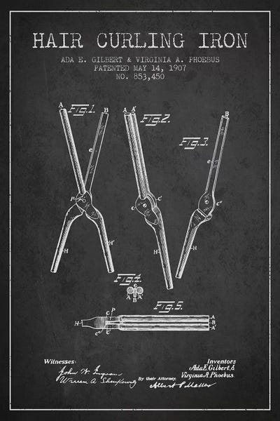 Aged Pixel: Hair Curling Iron Charcoal Patent Blueprint by Aged Pixel