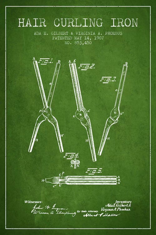 Hair Curling Iron Green Patent Blueprint