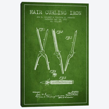 Hair Curling Iron Green Patent Blueprint Canvas Print #ADP324} by Aged Pixel Art Print