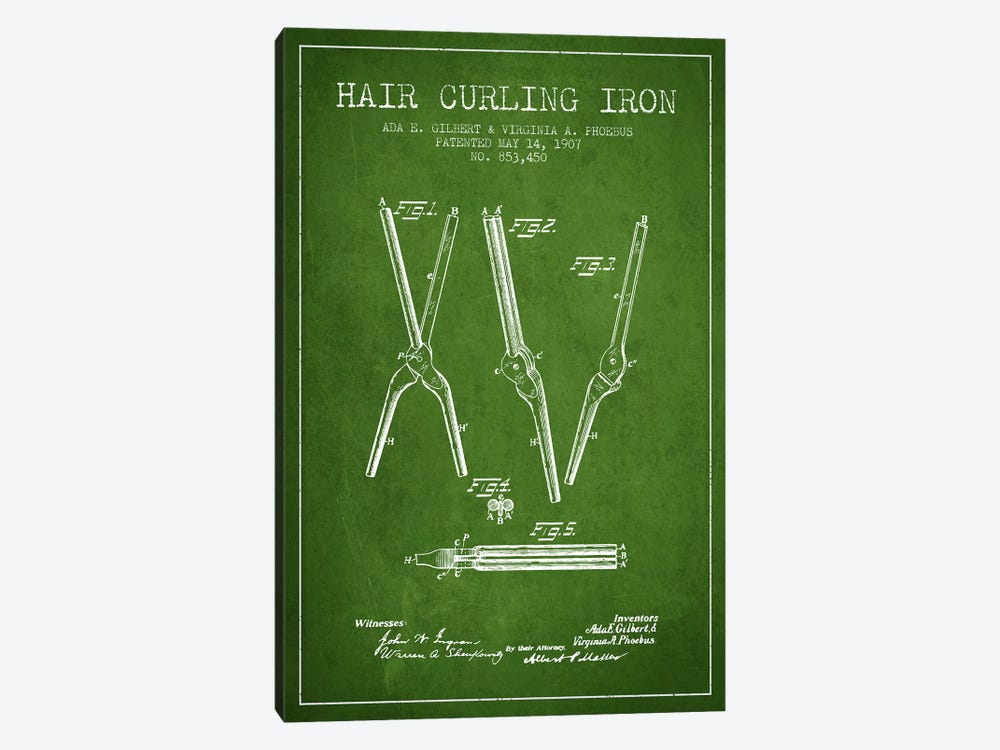 Hair Curling Iron Green Patent Blueprint by Aged Pixel 1-piece Canvas Print