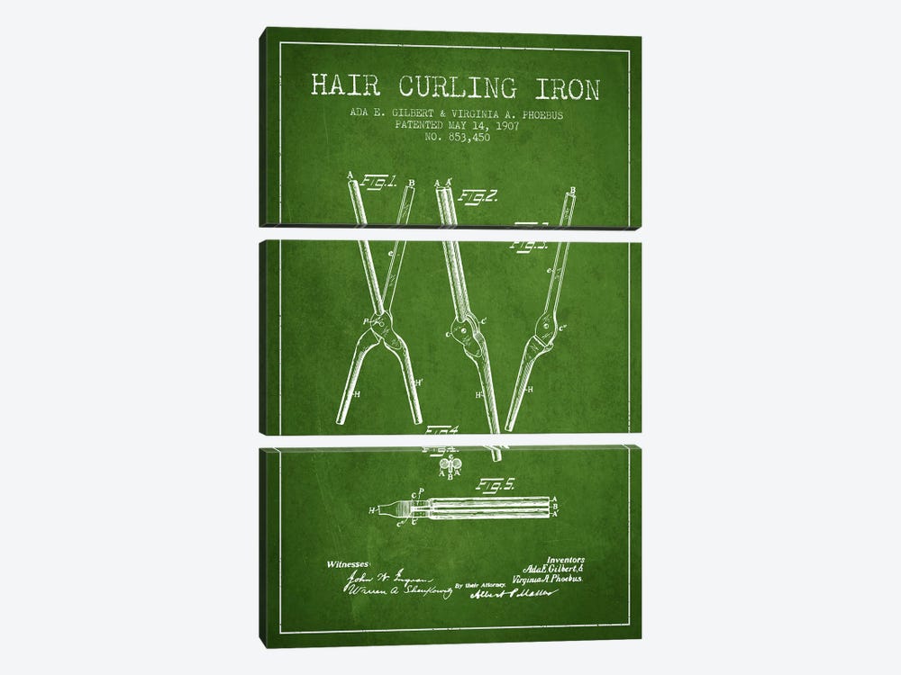 Hair Curling Iron Green Patent Blueprint by Aged Pixel 3-piece Canvas Print