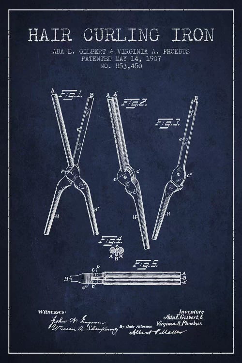 Hair Curling Iron Navy Blue Patent Blueprint by Aged Pixel wall art