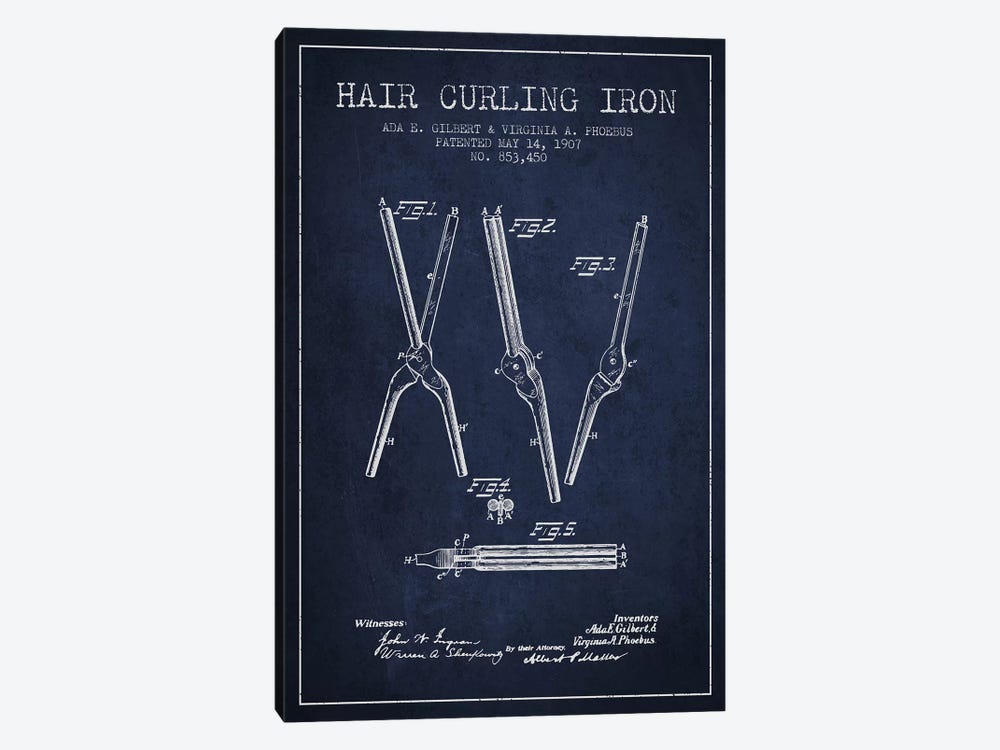 Hair Curling Iron Navy Blue Patent Blueprint by Aged Pixel 1-piece Canvas Art