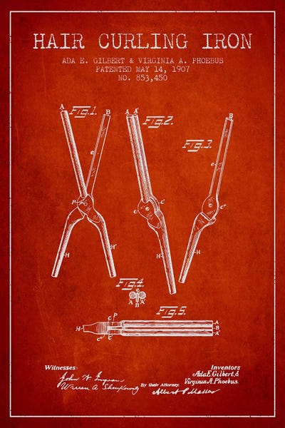 Hair Curling Iron Red Patent Blueprint by Aged Pixel framed canvas print