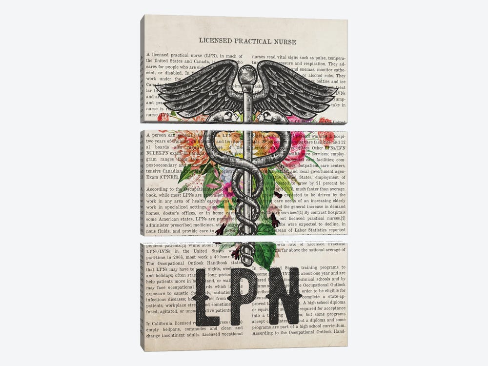 LPN, Licensed Practical Nurse with Flowers Print by Aged Pixel 3-piece Canvas Print