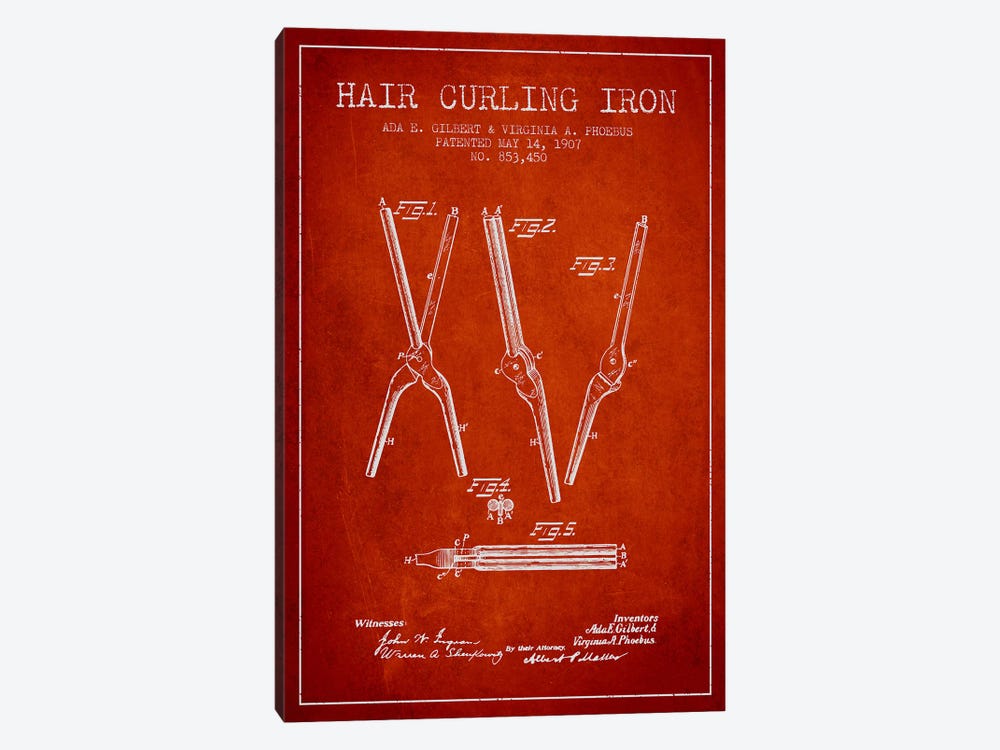 Hair Curling Iron Red Patent Blueprint by Aged Pixel 1-piece Canvas Art Print