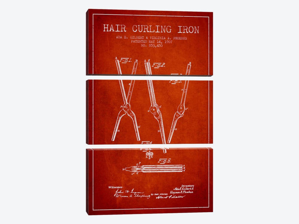 Hair Curling Iron Red Patent Blueprint by Aged Pixel 3-piece Art Print