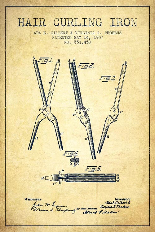 Hair Curling Iron Vintage Patent Blueprint