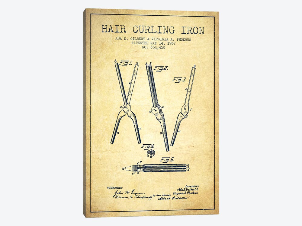 Hair Curling Iron Vintage Patent Blueprint by Aged Pixel 1-piece Canvas Wall Art