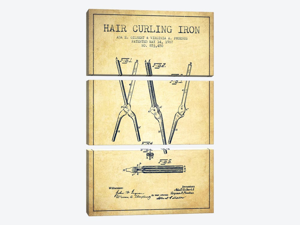 Hair Curling Iron Vintage Patent Blueprint by Aged Pixel 3-piece Canvas Artwork