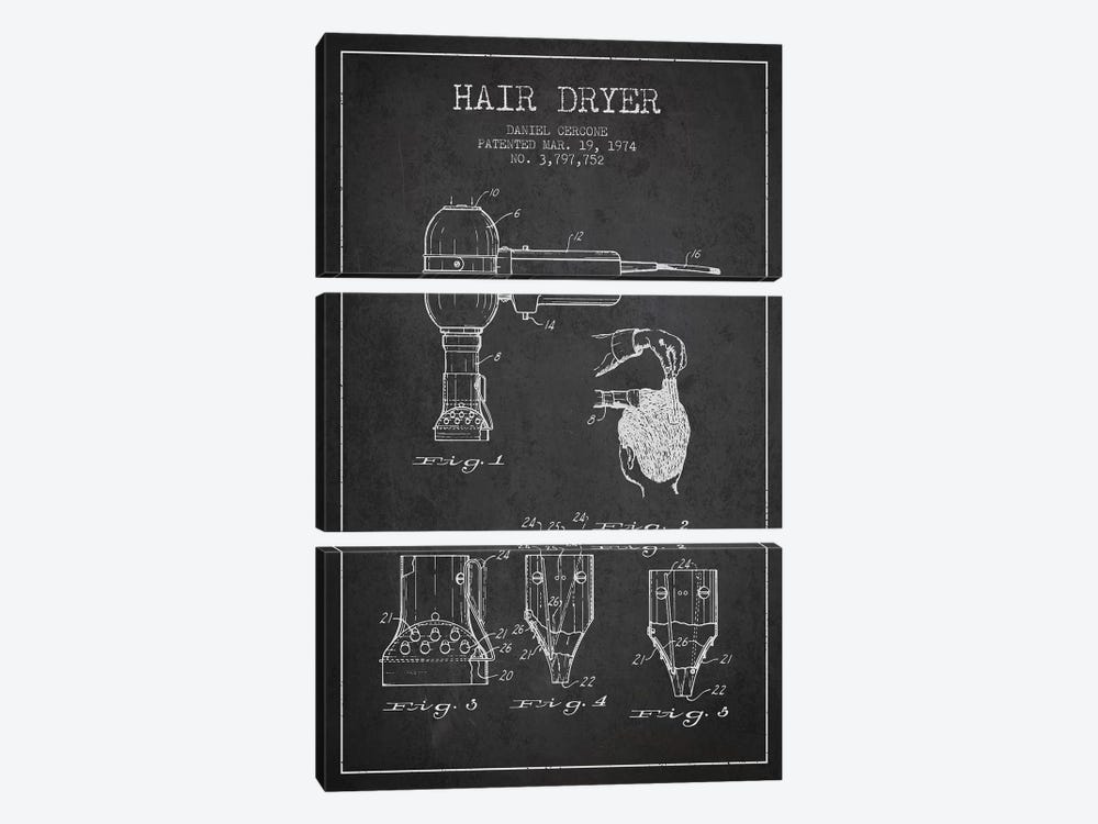 Hair Dryer Charcoal Patent Blueprint by Aged Pixel 3-piece Art Print