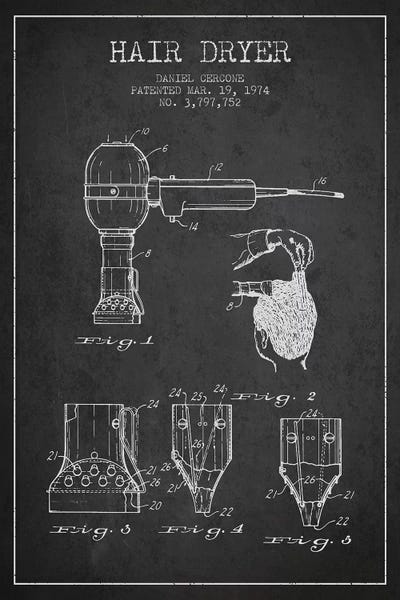 Household Goods Blueprints: Hair Dryer Charcoal Patent Blueprint by Aged Pixel