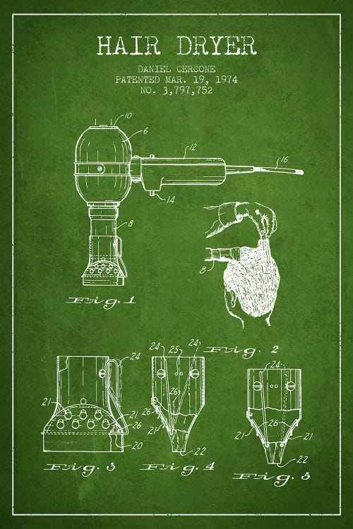 Hair Dryer Green Patent Blueprint by Aged Pixel wall art