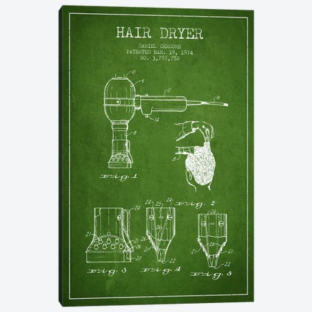 Hair Dryer Green Patent Blueprint Canvas Print #ADP329} by Aged Pixel Canvas Art