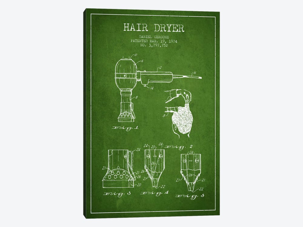 Hair Dryer Green Patent Blueprint by Aged Pixel 1-piece Canvas Art