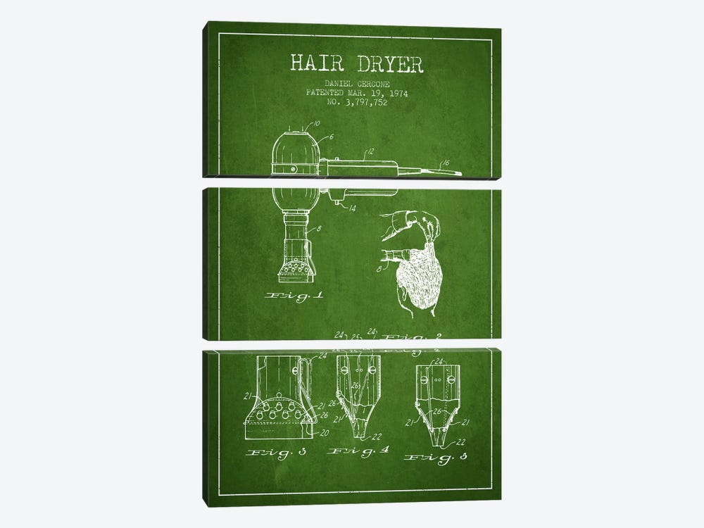 Hair Dryer Green Patent Blueprint by Aged Pixel 3-piece Canvas Wall Art