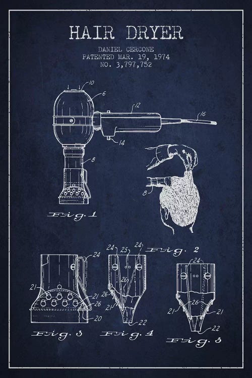 Hair Dryer Navy Blue Patent Blueprint by Aged Pixel wall art