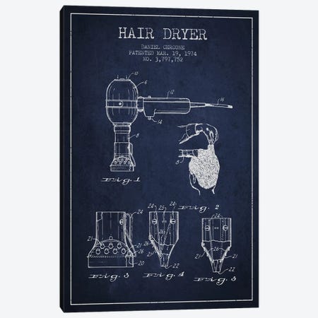 Hair Dryer Navy Blue Patent Blueprint Canvas Print #ADP330} by Aged Pixel Canvas Art Print