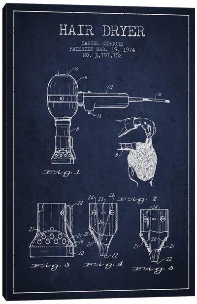 Hair Dryer Navy Blue Patent Blueprint Canvas Art Print - Aged Pixel: Household Goods