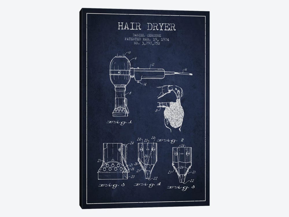 Hair Dryer Navy Blue Patent Blueprint by Aged Pixel 1-piece Canvas Wall Art