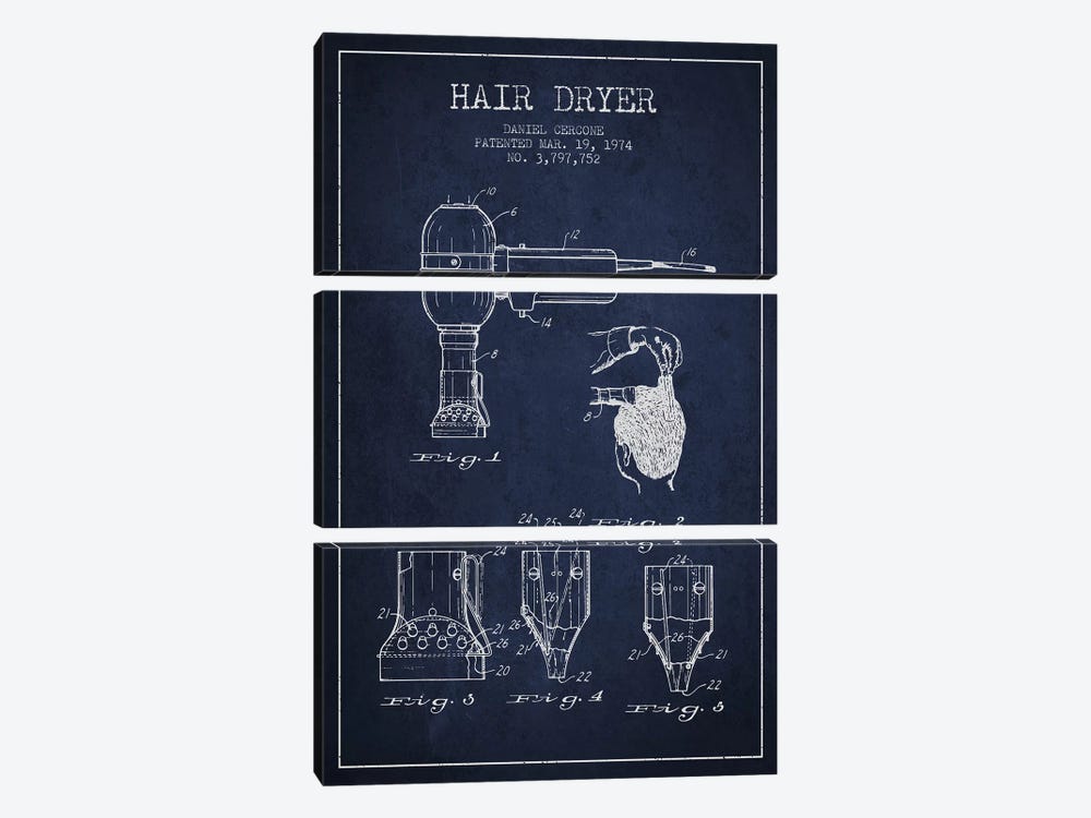 Hair Dryer Navy Blue Patent Blueprint by Aged Pixel 3-piece Canvas Artwork