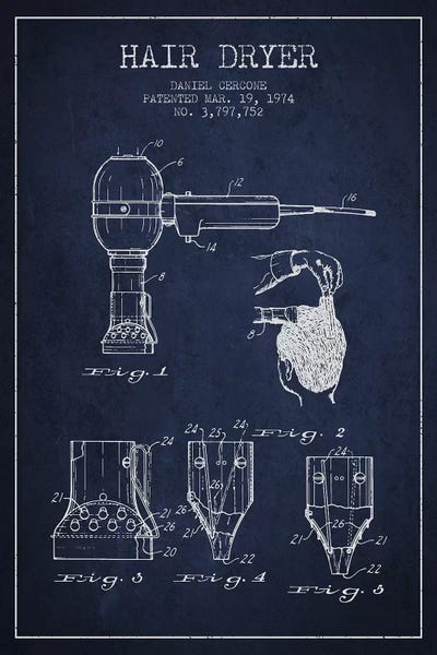 Beauty & Personal Care Blueprints: Hair Dryer Navy Blue Patent Blueprint by Aged Pixel