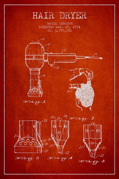 Hair Dryer Red Patent Blueprint by Aged Pixel framed canvas print