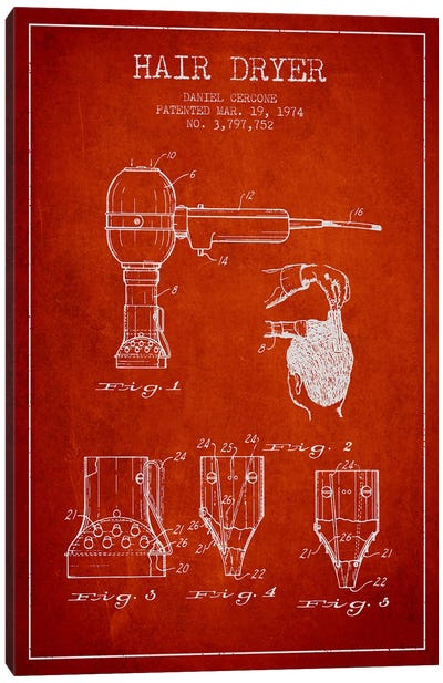 Hair Dryer Red Patent Blueprint Canvas Art Print - Aged Pixel: Household Goods