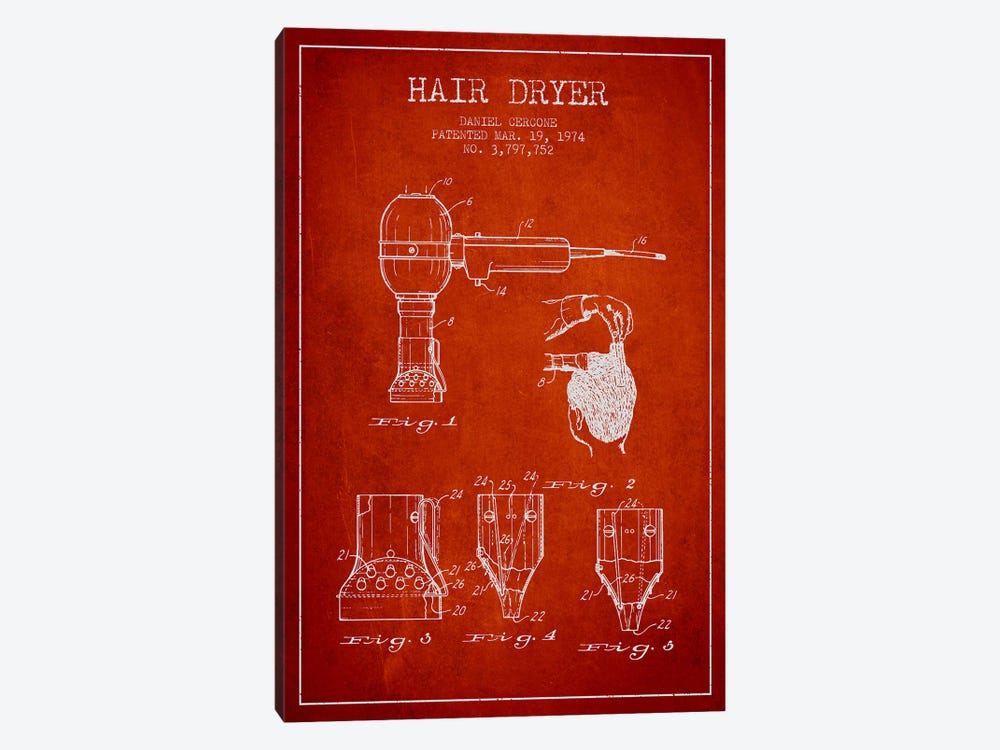 Hair Dryer Red Patent Blueprint by Aged Pixel 1-piece Canvas Print