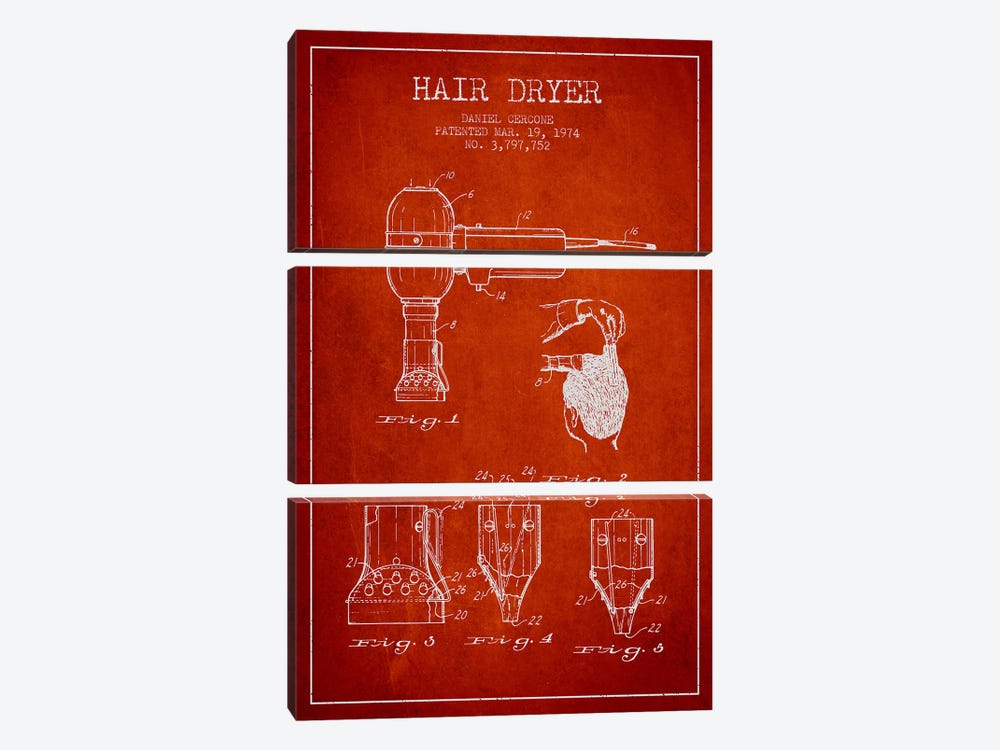 Hair Dryer Red Patent Blueprint by Aged Pixel 3-piece Canvas Print