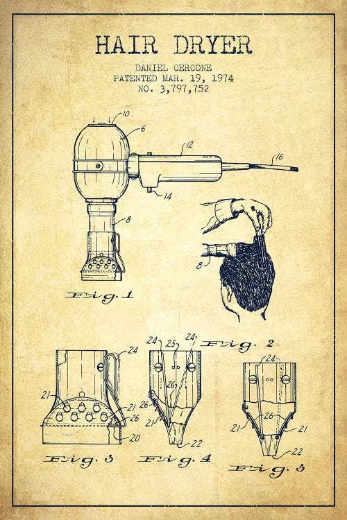 Hair Dryer Vintage Patent Blueprint by Aged Pixel wall art