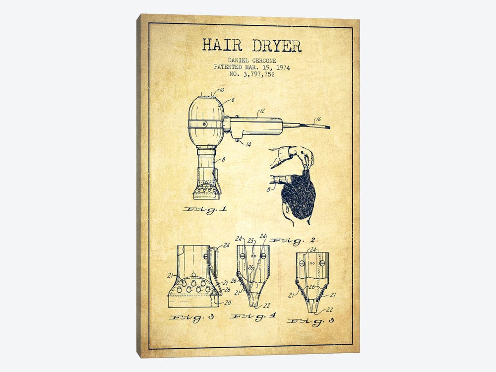 Hair Dryer Vintage Patent Blueprint by Aged Pixel 1-piece Canvas Art