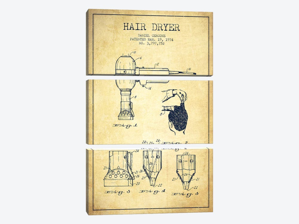 Hair Dryer Vintage Patent Blueprint by Aged Pixel 3-piece Canvas Artwork