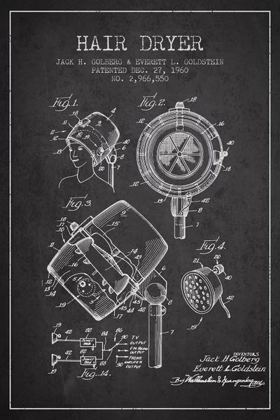 Household Goods Blueprints: Hair Dryer Sound Charcoal Patent Blueprint by Aged Pixel