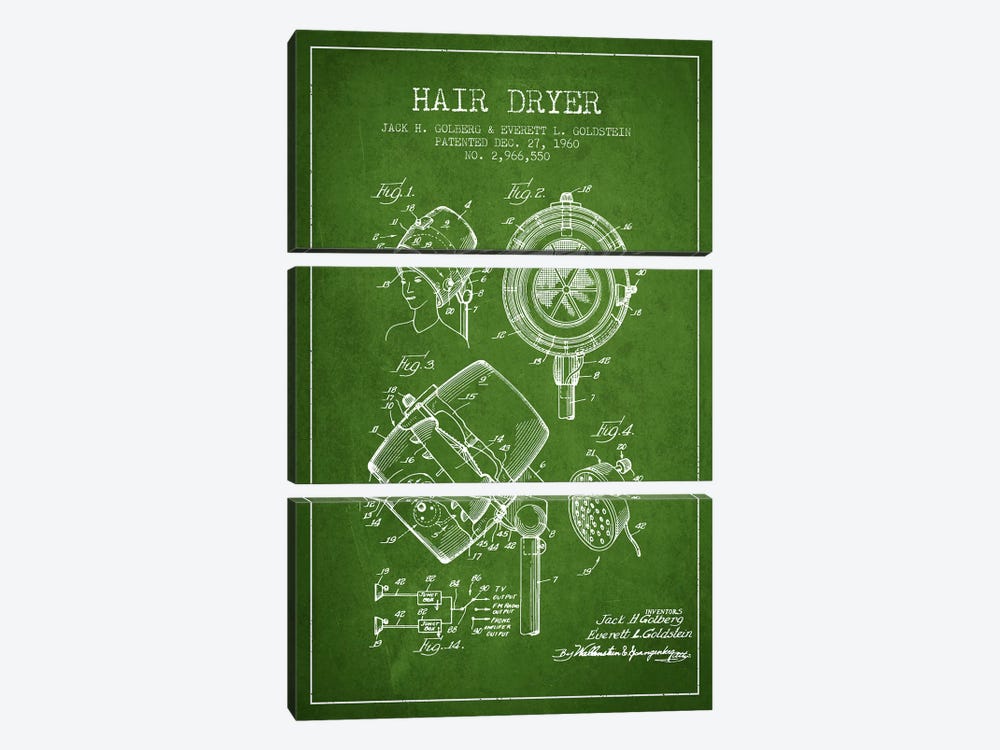 Hair Dryer Sound Green Patent Blueprint by Aged Pixel 3-piece Canvas Wall Art
