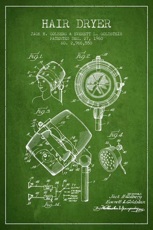 Hair Dryer Sound Green Patent Blueprint by Aged Pixel wall art