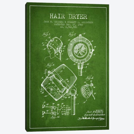 Hair Dryer Sound Green Patent Blueprint Canvas Print #ADP334} by Aged Pixel Canvas Wall Art