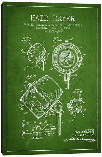 Hair Dryer Sound Green Patent Blueprint Canvas Art Print - Aged Pixel: Beauty & Personal Care