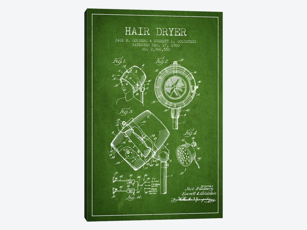 Hair Dryer Sound Green Patent Blueprint by Aged Pixel 1-piece Canvas Wall Art