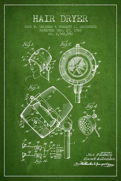Beauty & Personal Care Blueprints: Hair Dryer Sound Green Patent Blueprint by Aged Pixel