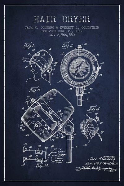 Hair Dryer Sound Navy Blue Patent Blueprint by Aged Pixel framed canvas print