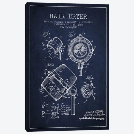 Hair Dryer Sound Navy Blue Patent Blueprint Canvas Print #ADP335} by Aged Pixel Canvas Wall Art