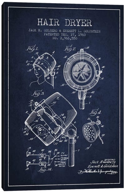 Hair Dryer Sound Navy Blue Patent Blueprint Canvas Art Print - Household Goods Blueprints