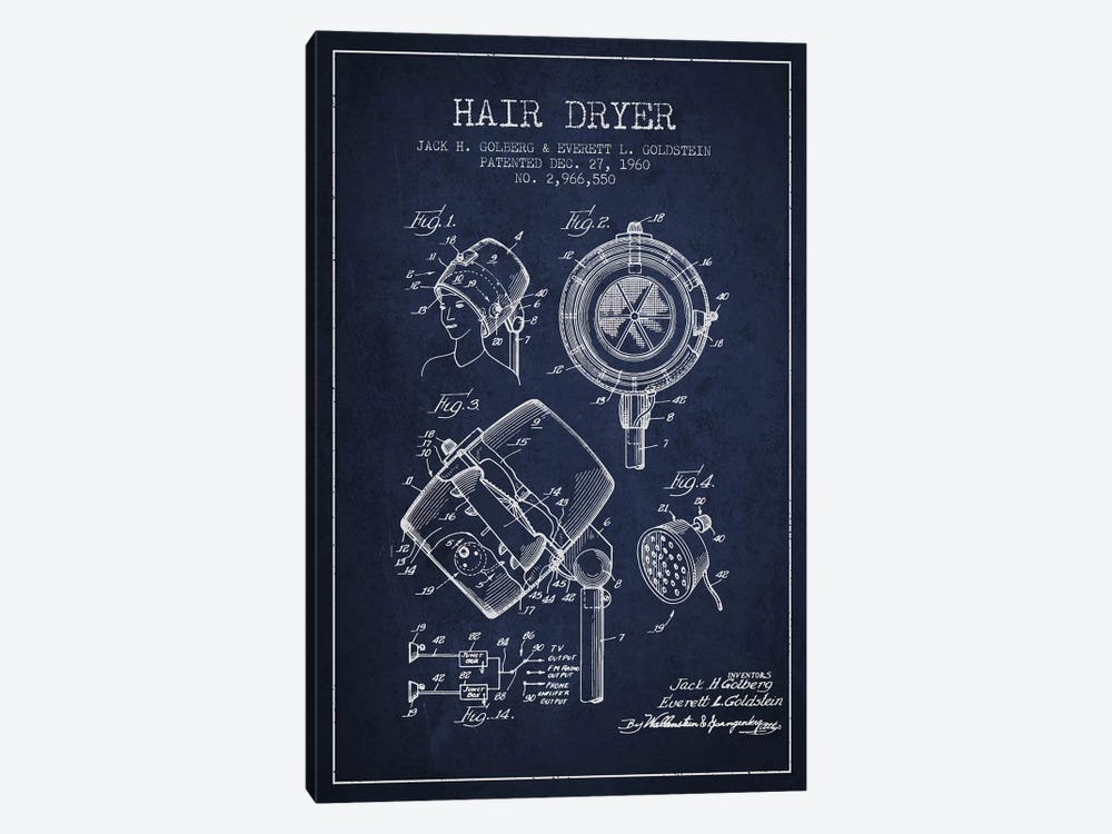 Hair Dryer Sound Navy Blue Patent Blueprint by Aged Pixel 1-piece Canvas Print