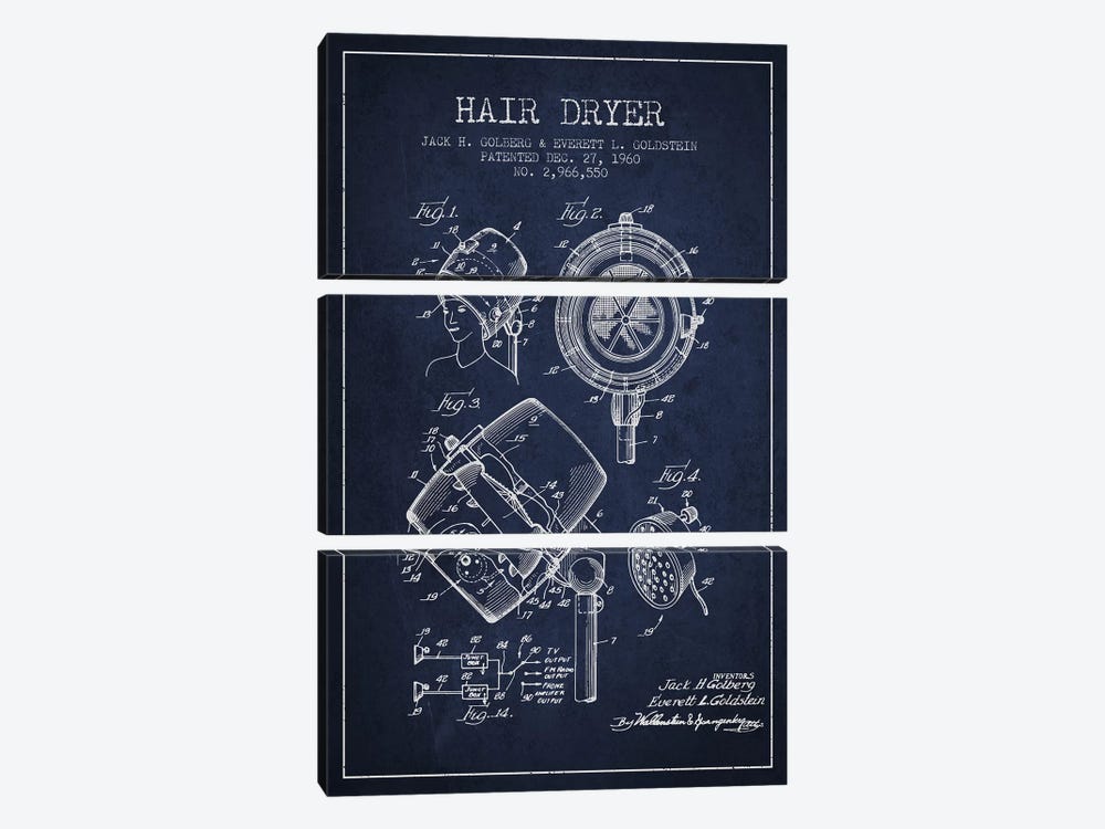 Hair Dryer Sound Navy Blue Patent Blueprint by Aged Pixel 3-piece Canvas Art Print